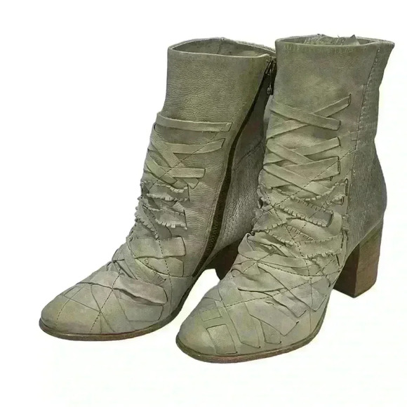 A.S. 98 Women's Gray Distressed Leather Woven Heeled Ankle Boots Size 37/ 6.5-7 - Picture 3 of 14